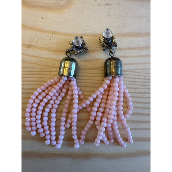 Beaded Tassel Pierced Postback Dangle Beaded Drop Earrings Pink Turquoise Retro - Picture 3 of 4